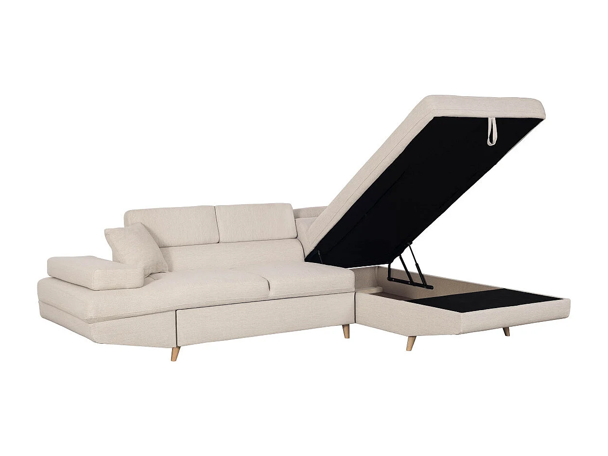 Canapé d'angle droit convertible Rio Scandinave avec coffre en tissu - Beige, Pieds bois - L271 x P192 x H70cm - Loungitude