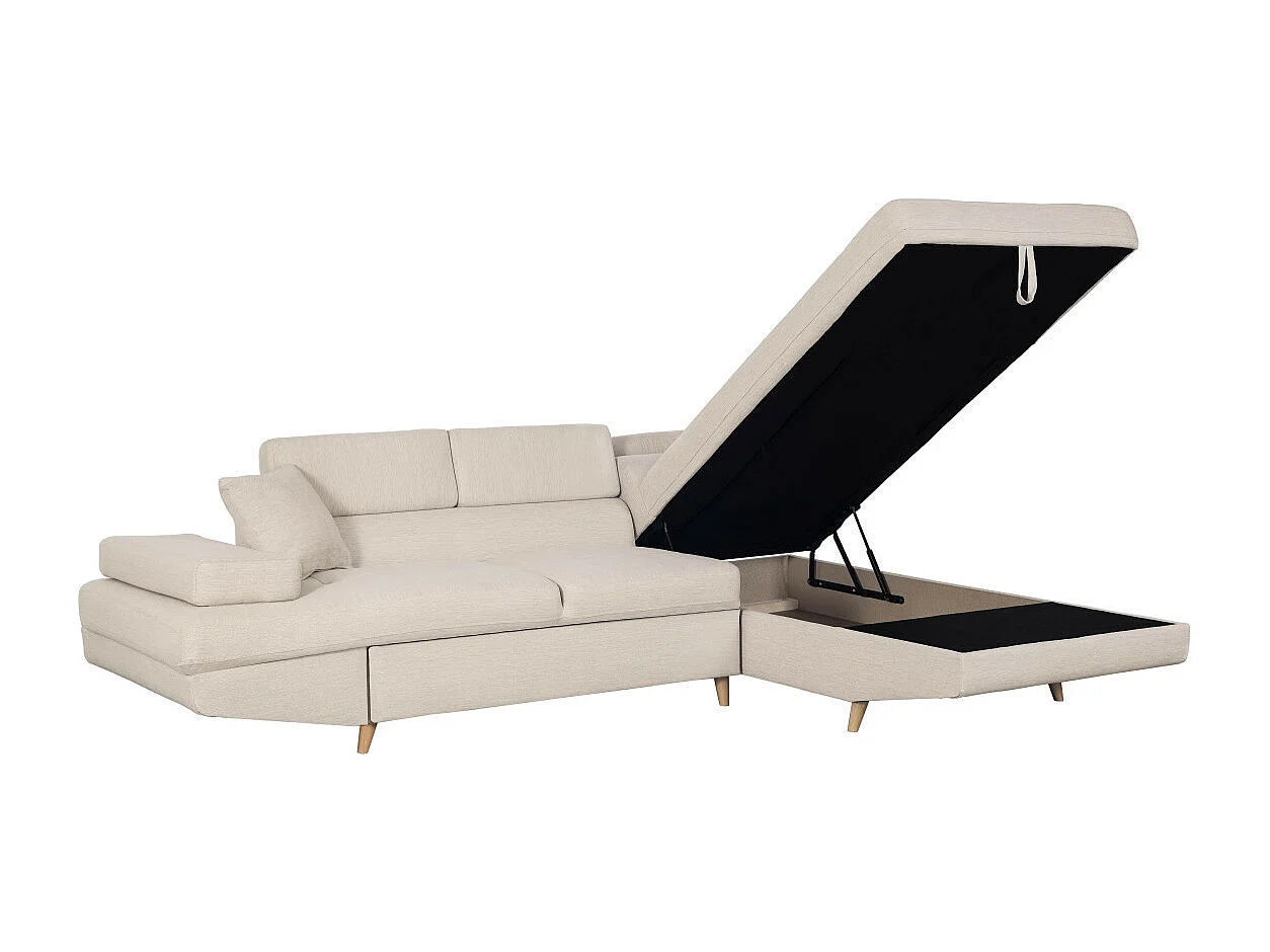 Canapé d'angle droit convertible Rio Scandinave avec coffre en tissu - Beige, Pieds bois - L271 x P192 x H70cm - Loungitude