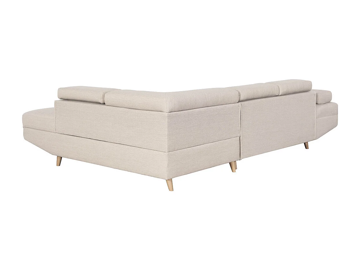 Canapé d'angle droit convertible Rio Scandinave avec coffre en tissu - Beige, Pieds bois - L271 x P192 x H70cm - Loungitude