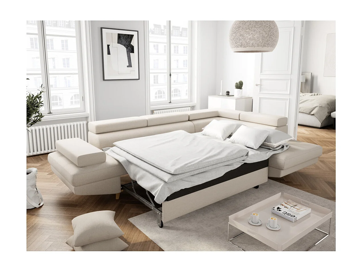 Canapé d'angle droit convertible Rio Scandinave avec coffre en tissu - Beige, Pieds bois - L271 x P192 x H70cm - Loungitude