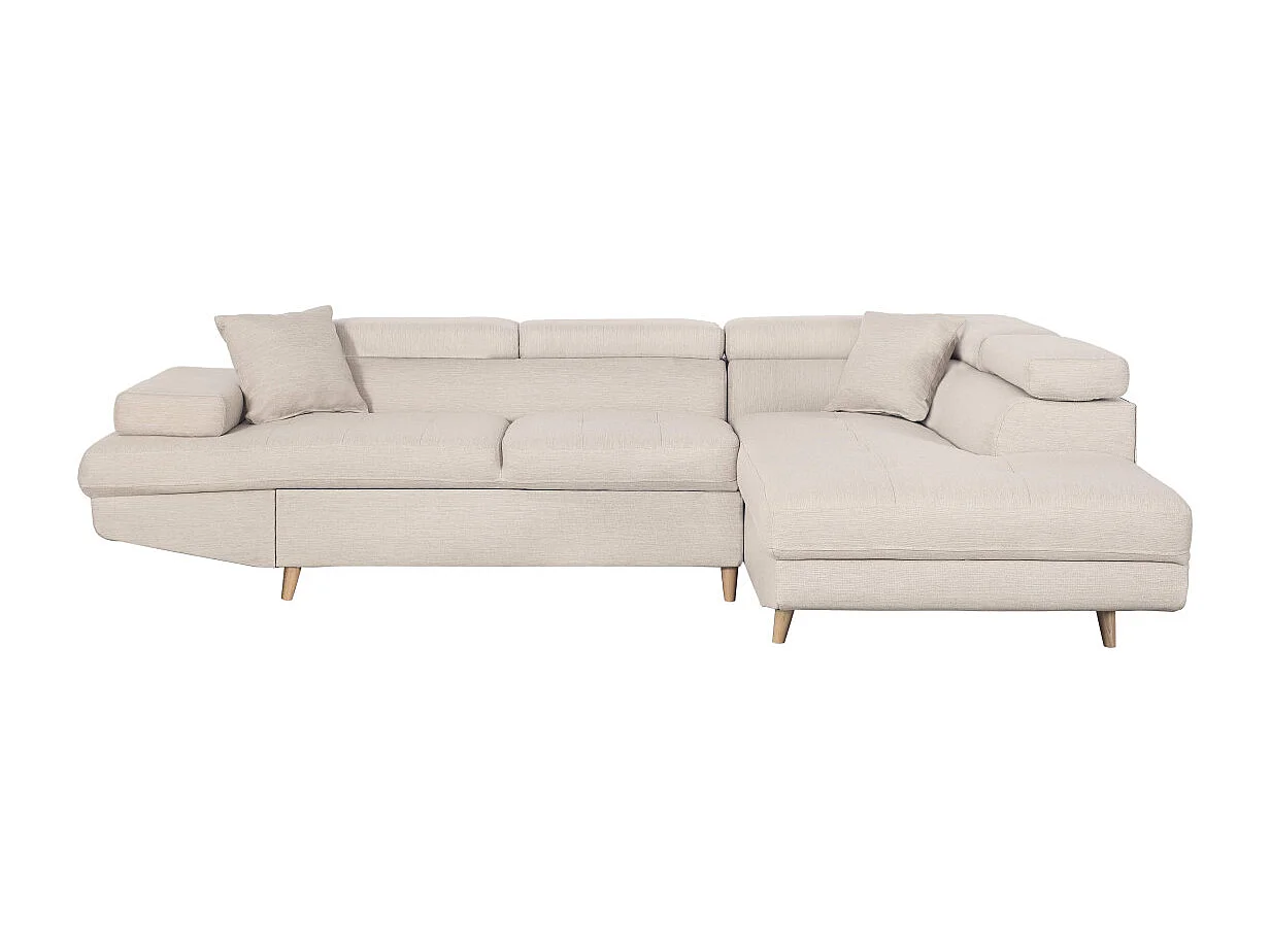 Canapé d'angle droit convertible Rio Scandinave avec coffre en tissu - Beige, Pieds bois - L271 x P192 x H70cm - Loungitude
