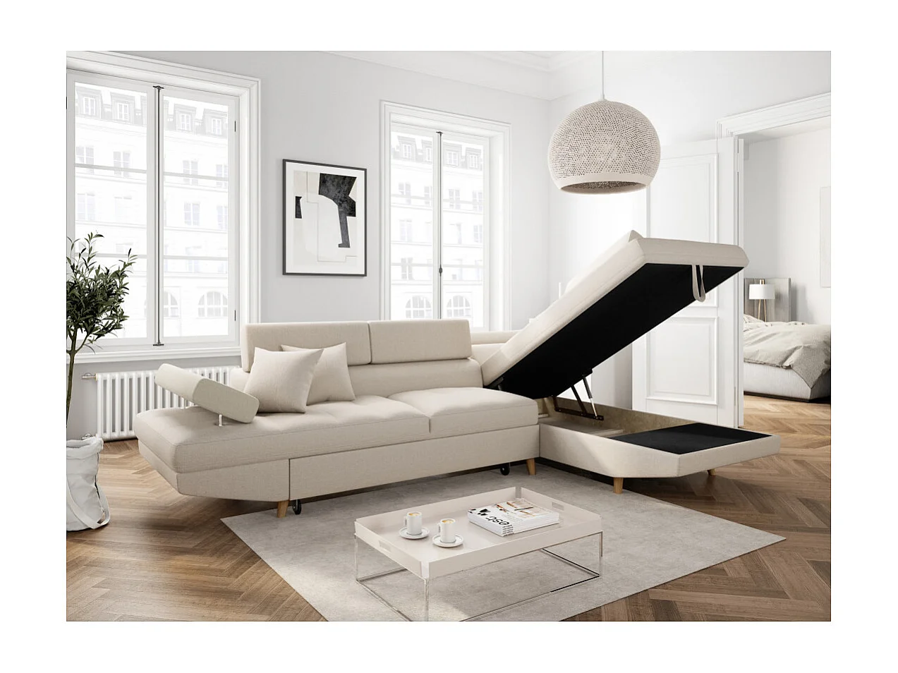 Canapé d'angle droit convertible Rio Scandinave avec coffre en tissu - Beige, Pieds bois - L271 x P192 x H70cm - Loungitude