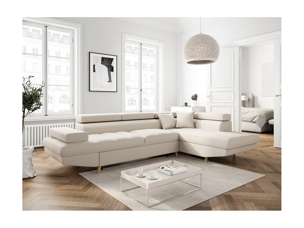 Canapé d'angle droit convertible Rio Scandinave avec coffre en tissu - Beige, Pieds bois - L271 x P192 x H70cm - Loungitude