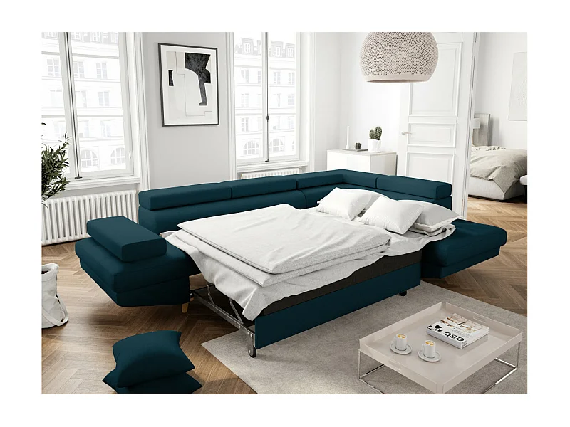 Canapé d'angle droit convertible Rio Scandinave avec coffre en tissu - Bleu, Pieds bois - L271 x P192 x H70cm - Loungitude