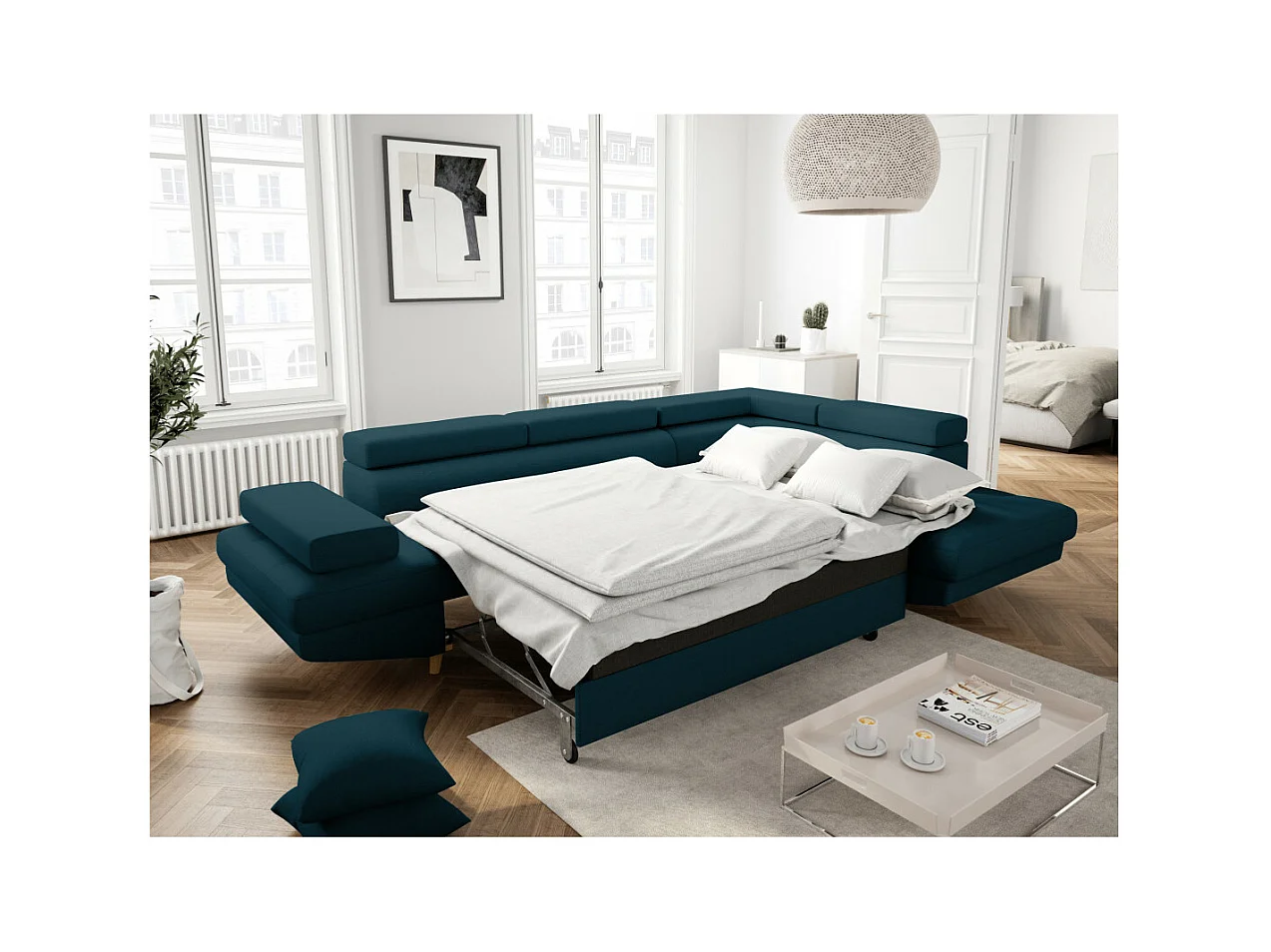 Canapé d'angle droit convertible Rio Scandinave avec coffre en tissu - Bleu, Pieds bois - L271 x P192 x H70cm - Loungitude