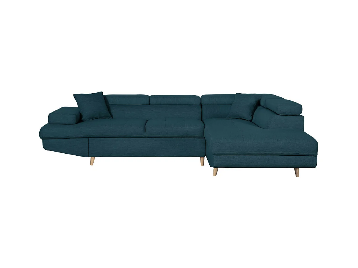 Canapé d'angle droit convertible Rio Scandinave avec coffre en tissu - Bleu, Pieds bois - L271 x P192 x H70cm - Loungitude