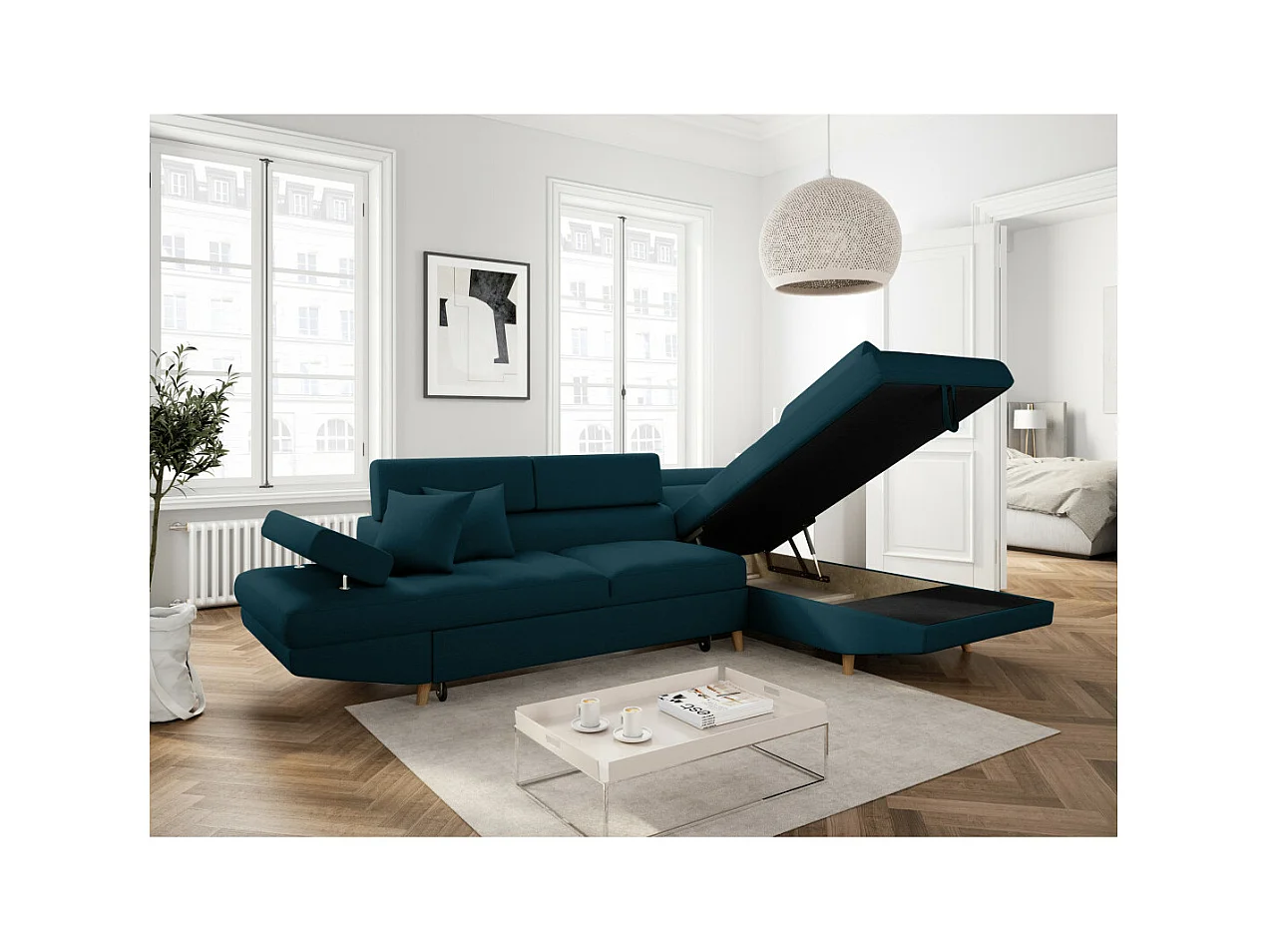 Canapé d'angle droit convertible Rio Scandinave avec coffre en tissu - Bleu, Pieds bois - L271 x P192 x H70cm - Loungitude