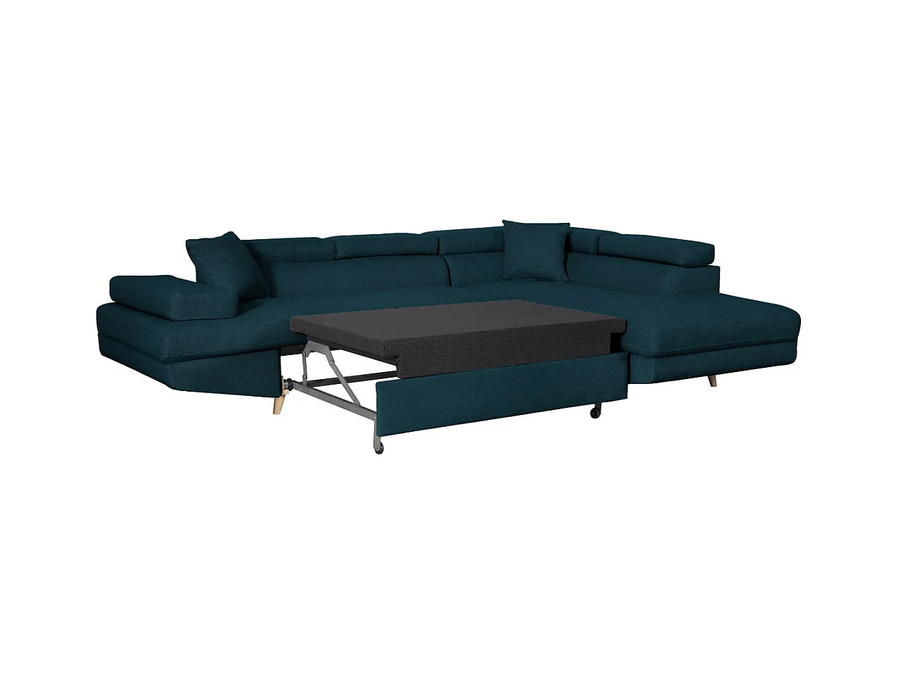 Canapé d'angle droit convertible Rio Scandinave avec coffre en tissu - Bleu, Pieds bois - L271 x P192 x H70cm - Loungitude