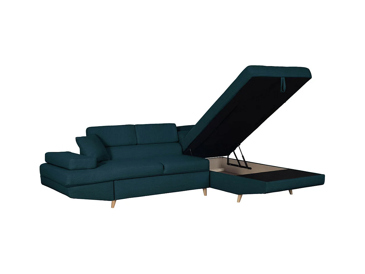 Canapé d'angle droit convertible Rio Scandinave avec coffre en tissu - Bleu, Pieds bois - L271 x P192 x H70cm - Loungitude