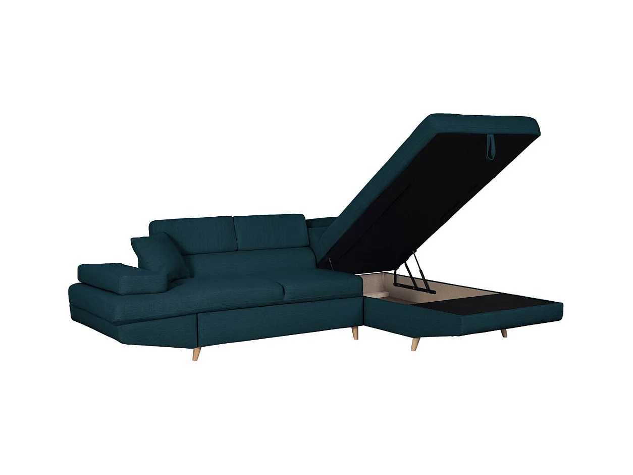 Canapé d'angle droit convertible Rio Scandinave avec coffre en tissu - Bleu, Pieds bois - L271 x P192 x H70cm - Loungitude