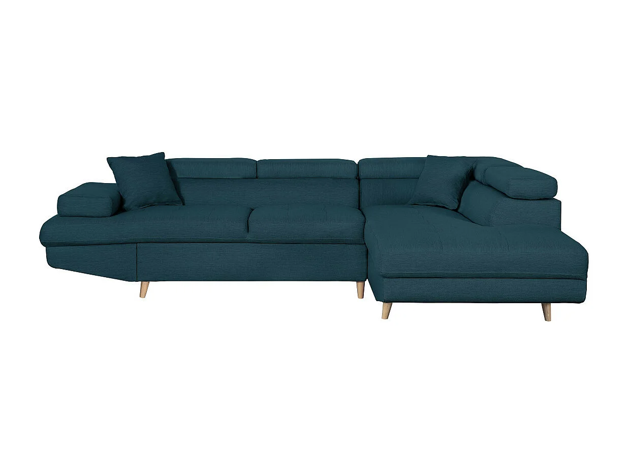 Canapé d'angle droit convertible Rio Scandinave avec coffre en tissu - Bleu, Pieds bois - L271 x P192 x H70cm - Loungitude