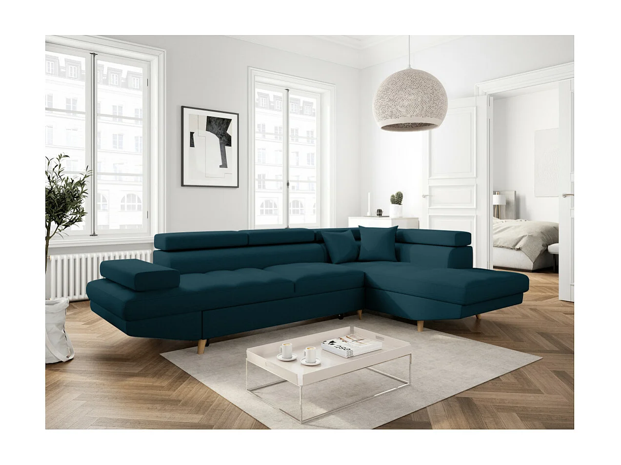 Canapé d'angle droit convertible Rio Scandinave avec coffre en tissu - Bleu, Pieds bois - L271 x P192 x H70cm - Loungitude