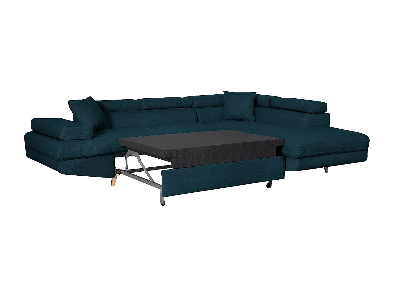Canapé d'angle droit convertible Rio Scandinave avec coffre en tissu - Bleu, Pieds bois - L271 x P192 x H70cm - Loungitude