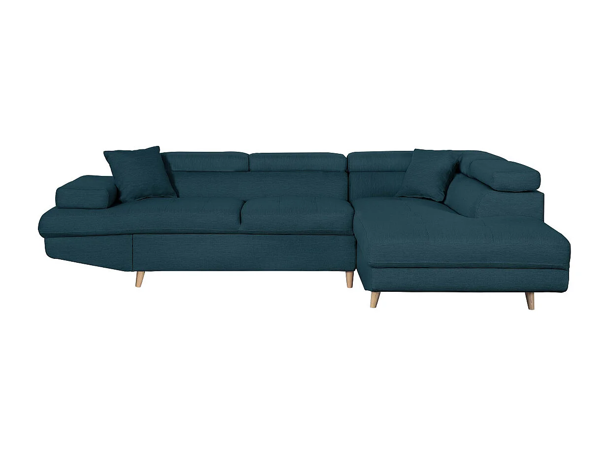 Canapé d'angle droit convertible Rio Scandinave avec coffre en tissu - Bleu, Pieds bois - L271 x P192 x H70cm - Loungitude
