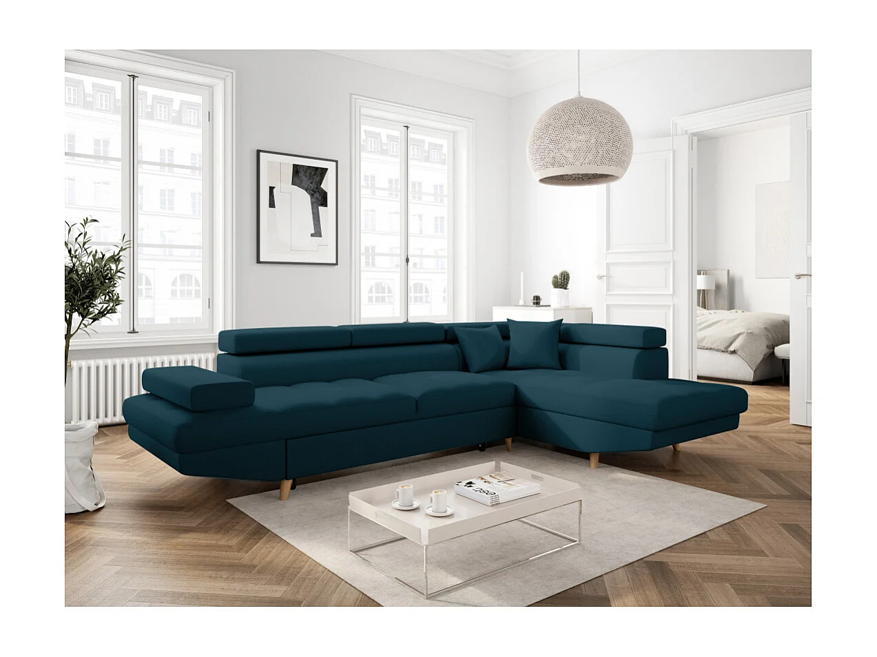Canapé d'angle droit convertible Rio Scandinave avec coffre en tissu - Bleu, Pieds bois - L271 x P192 x H70cm - Loungitude