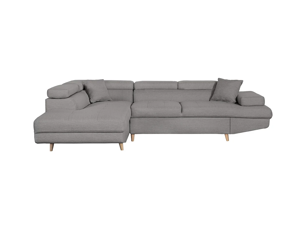 Canapé d'angle gauche convertible Rio Scandinave avec coffre en tissu - Gris clair, Pieds bois - L271 x P192 x H70cm - Loungitude