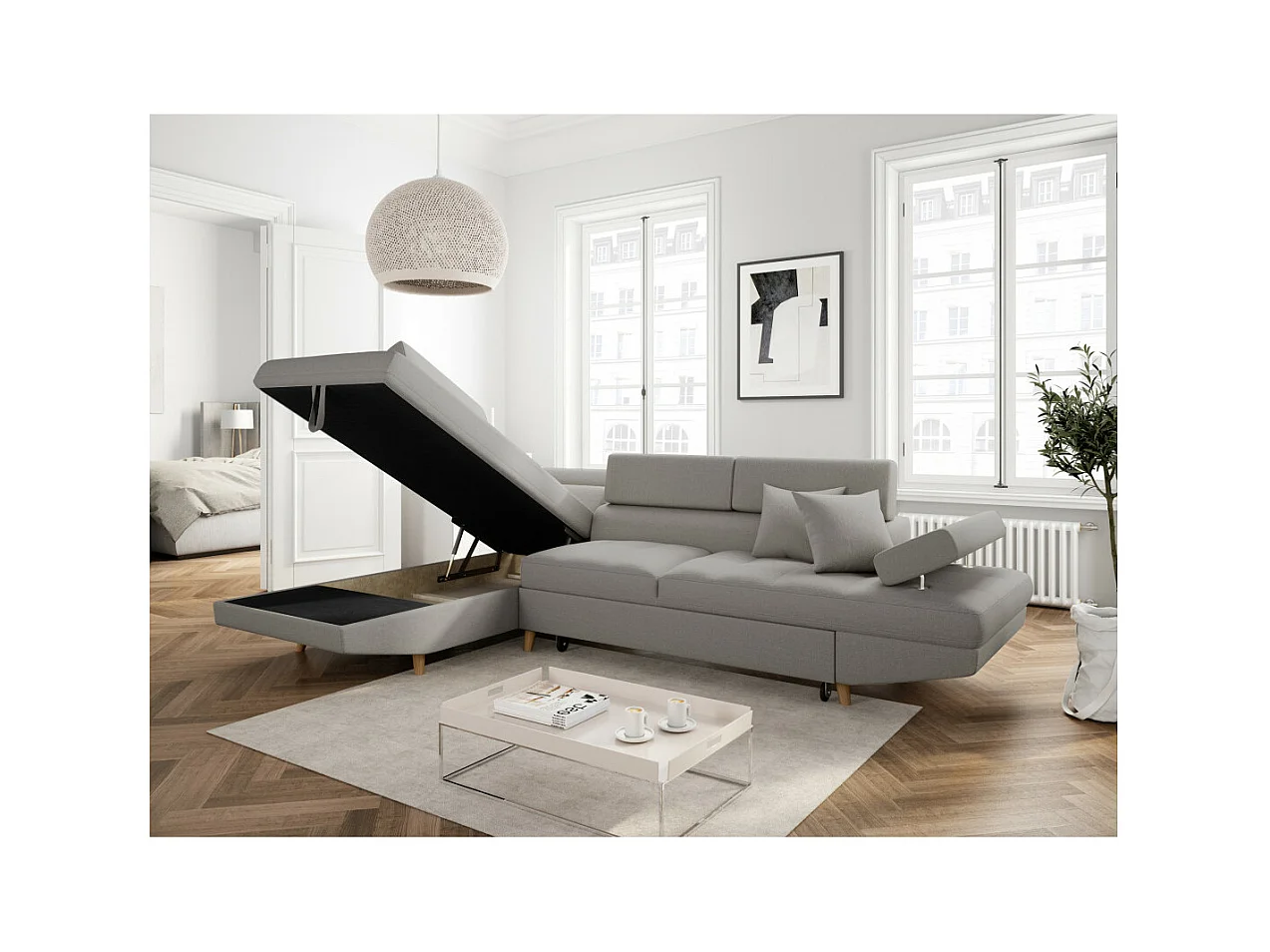 Canapé d'angle gauche convertible Rio Scandinave avec coffre en tissu - Gris clair, Pieds bois - L271 x P192 x H70cm - Loungitude