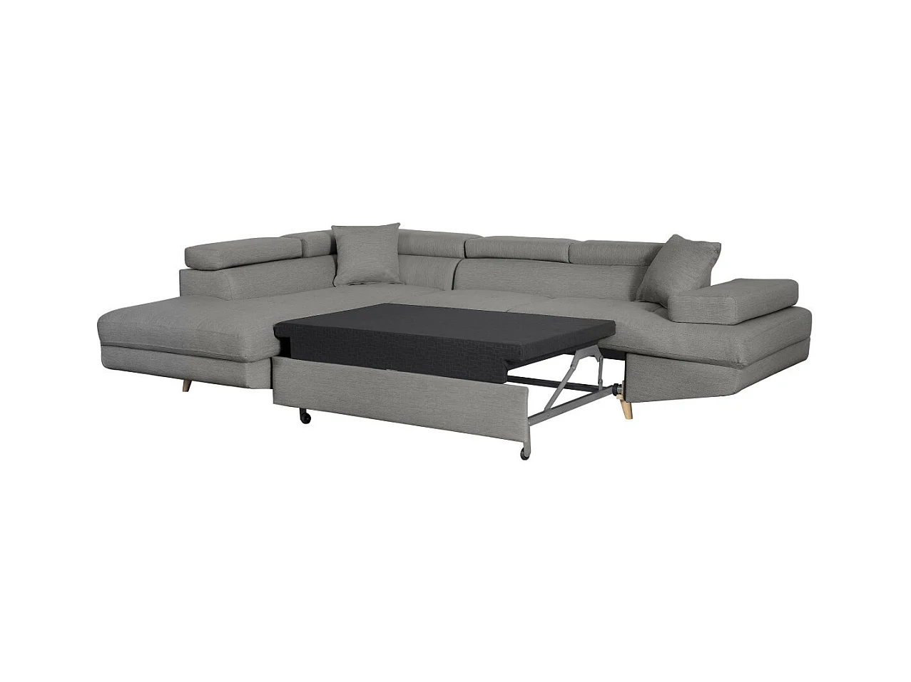 Canapé d'angle gauche convertible Rio Scandinave avec coffre en tissu - Gris clair, Pieds bois - L271 x P192 x H70cm - Loungitude