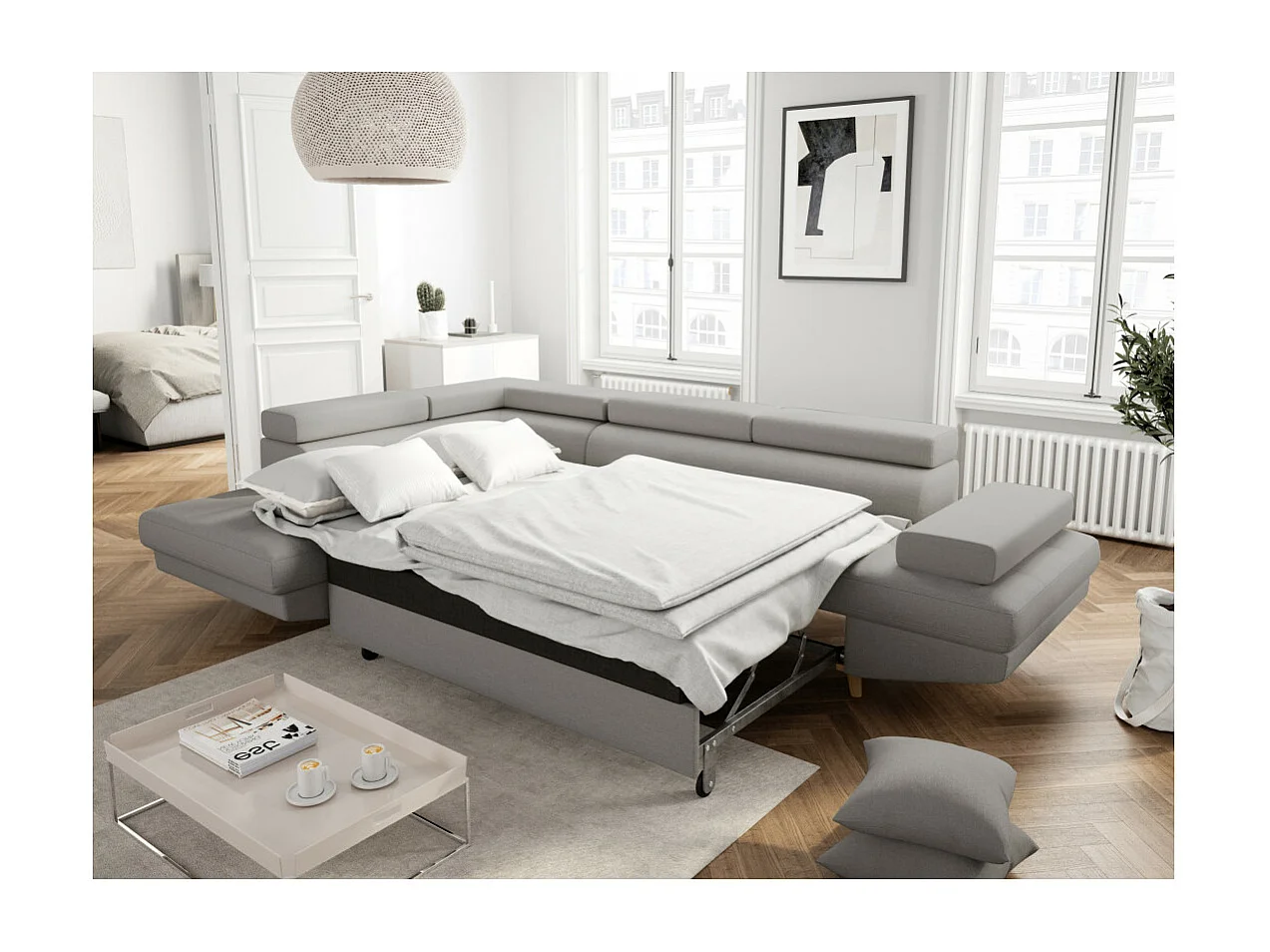 Canapé d'angle gauche convertible Rio Scandinave avec coffre en tissu - Gris clair, Pieds bois - L271 x P192 x H70cm - Loungitude