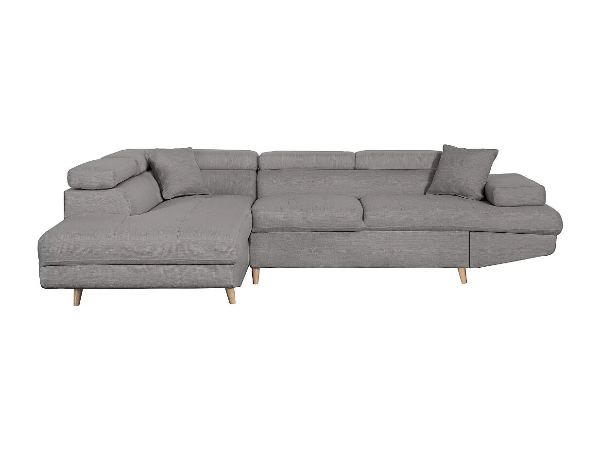 Canapé d'angle gauche convertible Rio Scandinave avec coffre en tissu - Gris clair, Pieds bois - L271 x P192 x H70cm - Loungitude
