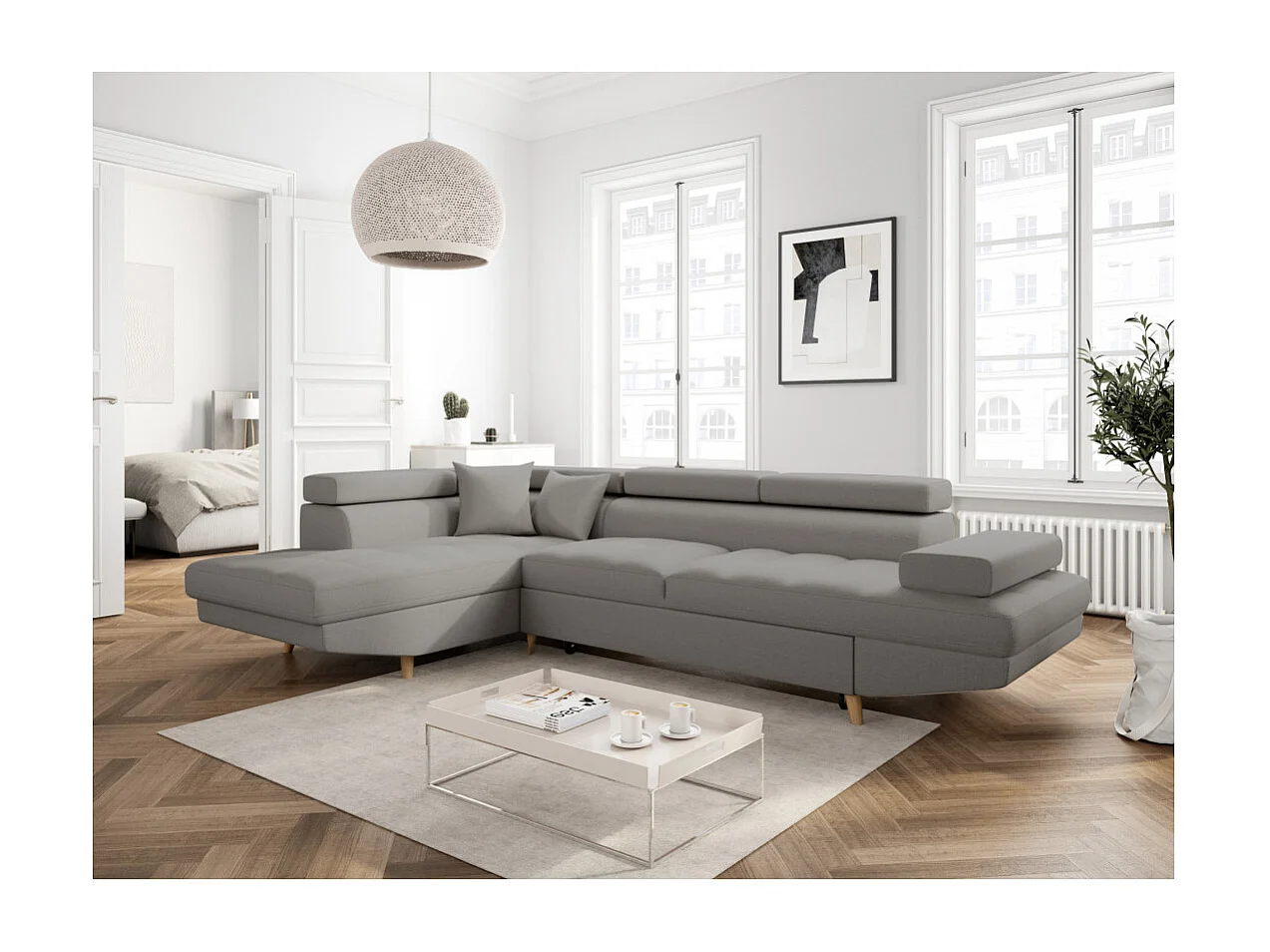 Canapé d'angle gauche convertible Rio Scandinave avec coffre en tissu - Gris clair, Pieds bois - L271 x P192 x H70cm - Loungitude