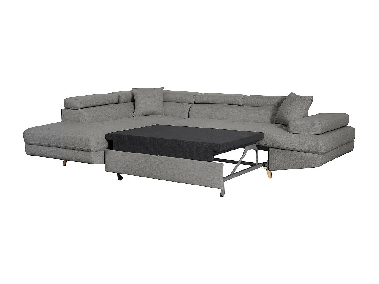 Canapé d'angle gauche convertible Rio Scandinave avec coffre en tissu - Gris clair, Pieds bois - L271 x P192 x H70cm - Loungitude