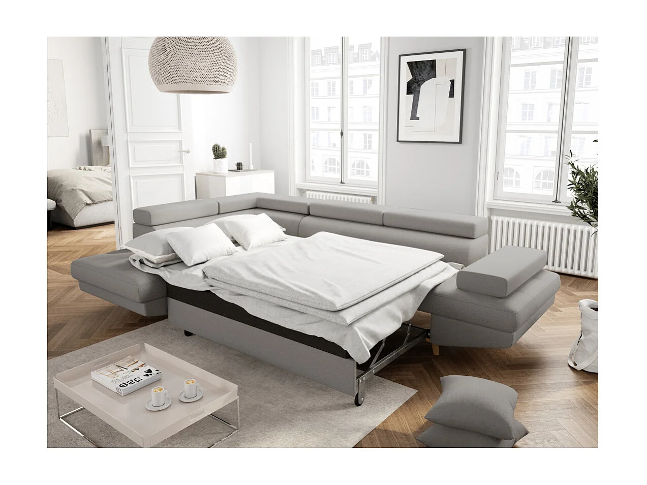 Canapé d'angle gauche convertible Rio Scandinave avec coffre en tissu - Gris clair, Pieds bois - L271 x P192 x H70cm - Loungitude