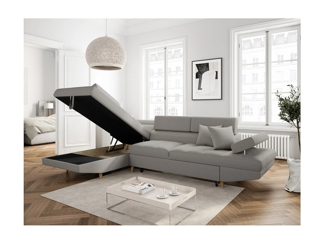 Canapé d'angle gauche convertible Rio Scandinave avec coffre en tissu - Gris clair, Pieds bois - L271 x P192 x H70cm - Loungitude