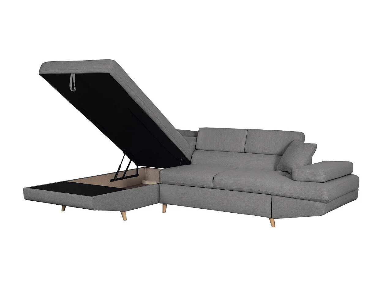 Canapé d'angle gauche convertible Rio Scandinave avec coffre en tissu - Gris clair, Pieds bois - L271 x P192 x H70cm - Loungitude