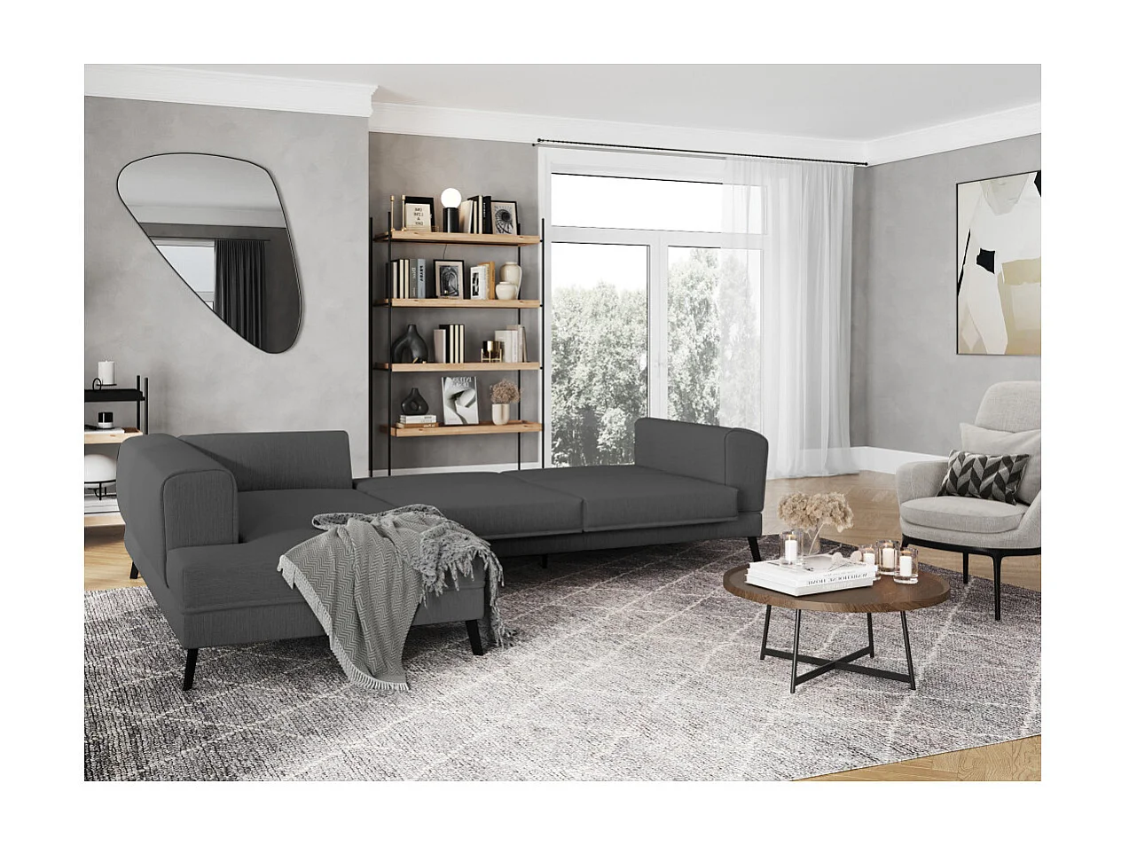 Canapé d'angle gauche 4 places India convertible 2 coffres en tissu - Gris anthracite - L304 x 212 x 86cm - Loungitude