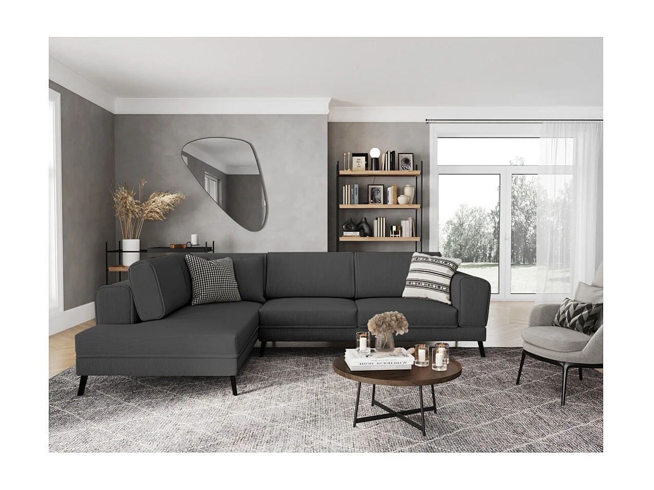 Canapé d'angle gauche 4 places India convertible 2 coffres en tissu - Gris anthracite - L304 x 212 x 86cm - Loungitude