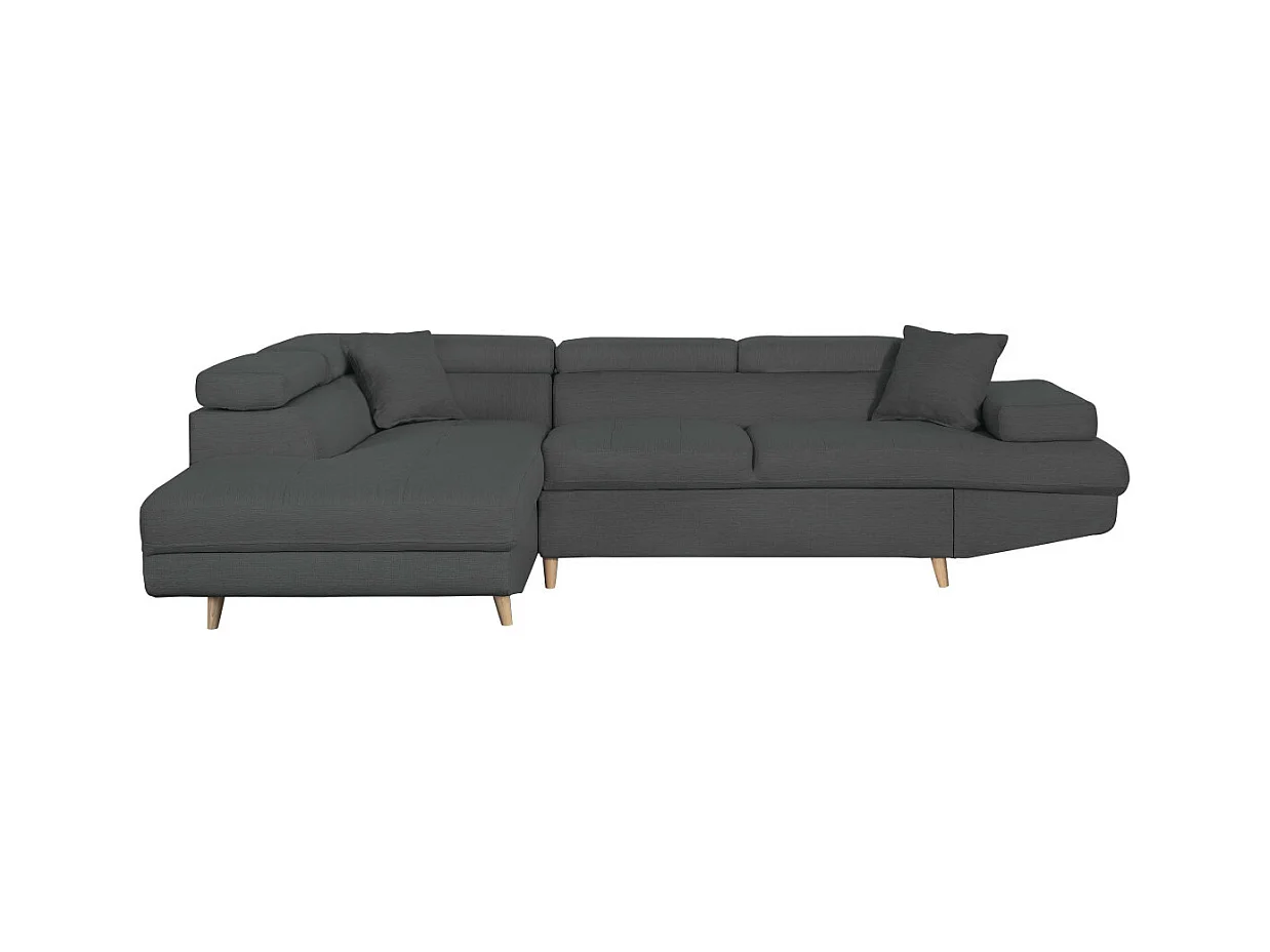 Canapé d'angle gauche convertible Rio Scandinave avec coffre en tissu - Gris anthracite, Pieds bois - L271 x P192 x H70cm - Loungitude
