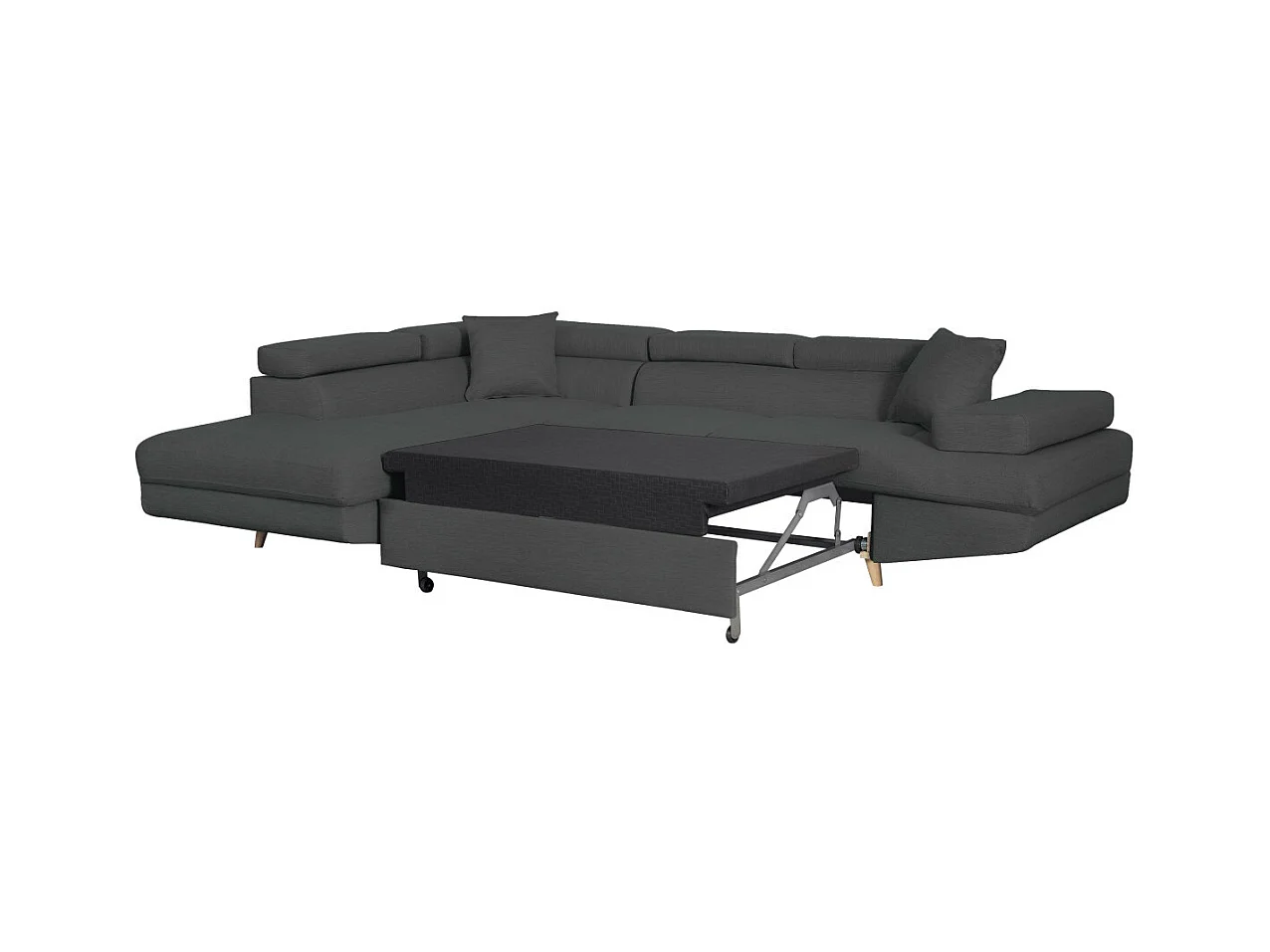 Canapé d'angle gauche convertible Rio Scandinave avec coffre en tissu - Gris anthracite, Pieds bois - L271 x P192 x H70cm - Loungitude