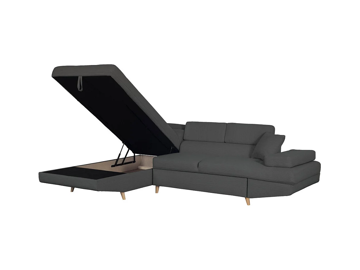 Canapé d'angle gauche convertible Rio Scandinave avec coffre en tissu - Gris anthracite, Pieds bois - L271 x P192 x H70cm - Loungitude