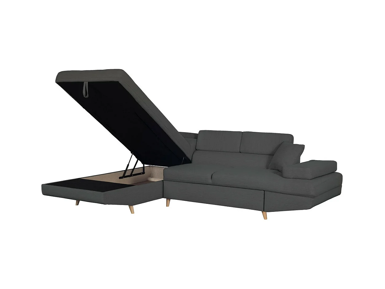 Canapé d'angle gauche convertible Rio Scandinave avec coffre en tissu - Gris anthracite, Pieds bois - L271 x P192 x H70cm - Loungitude