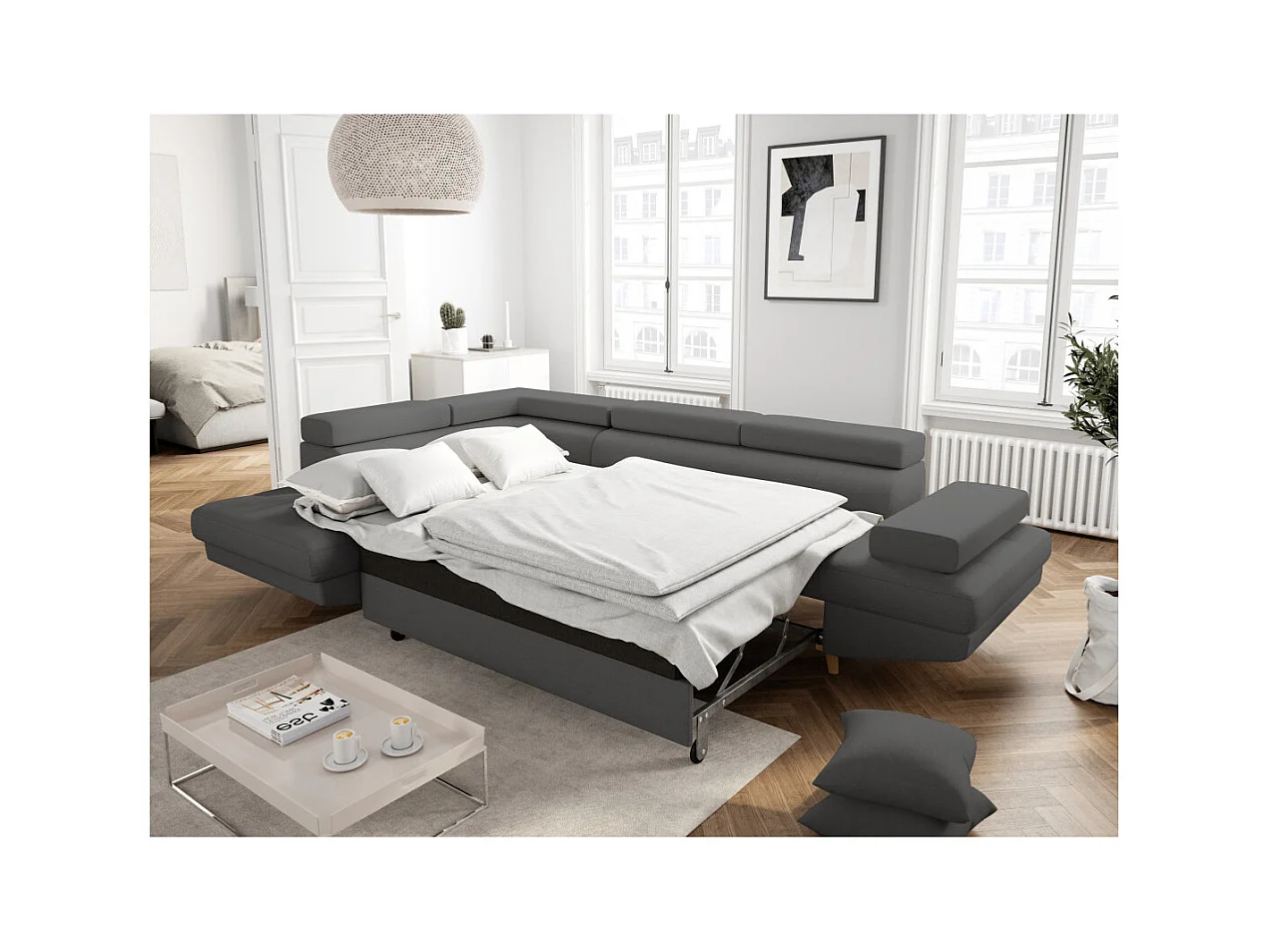 Canapé d'angle gauche convertible Rio Scandinave avec coffre en tissu - Gris anthracite, Pieds bois - L271 x P192 x H70cm - Loungitude