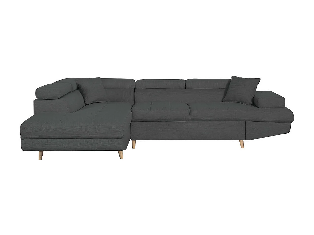 Canapé d'angle gauche convertible Rio Scandinave avec coffre en tissu - Gris anthracite, Pieds bois - L271 x P192 x H70cm - Loungitude