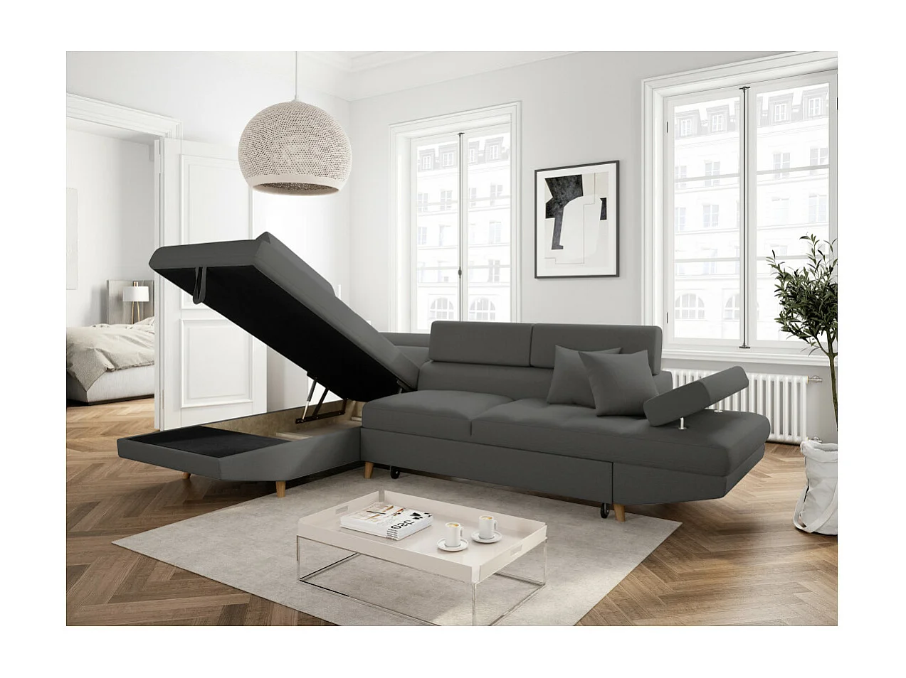 Canapé d'angle gauche convertible Rio Scandinave avec coffre en tissu - Gris anthracite, Pieds bois - L271 x P192 x H70cm - Loungitude