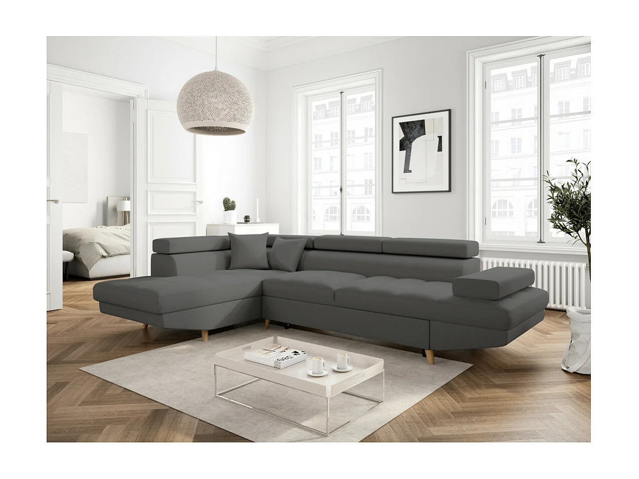Canapé d'angle gauche convertible Rio Scandinave avec coffre en tissu - Gris anthracite, Pieds bois - L271 x P192 x H70cm - Loungitude