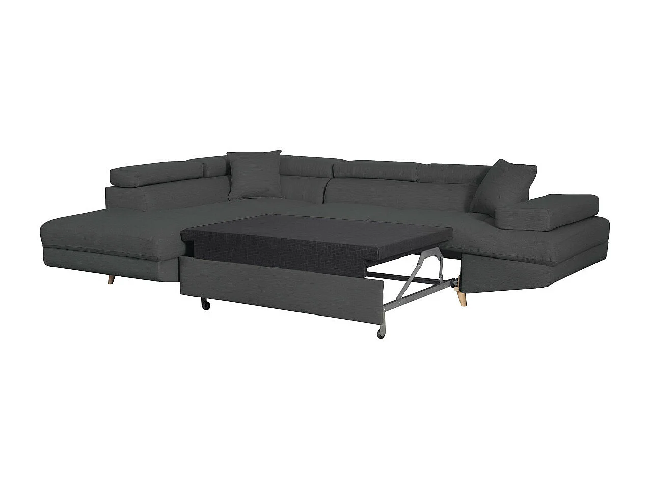 Canapé d'angle gauche convertible Rio Scandinave avec coffre en tissu - Gris anthracite, Pieds bois - L271 x P192 x H70cm - Loungitude