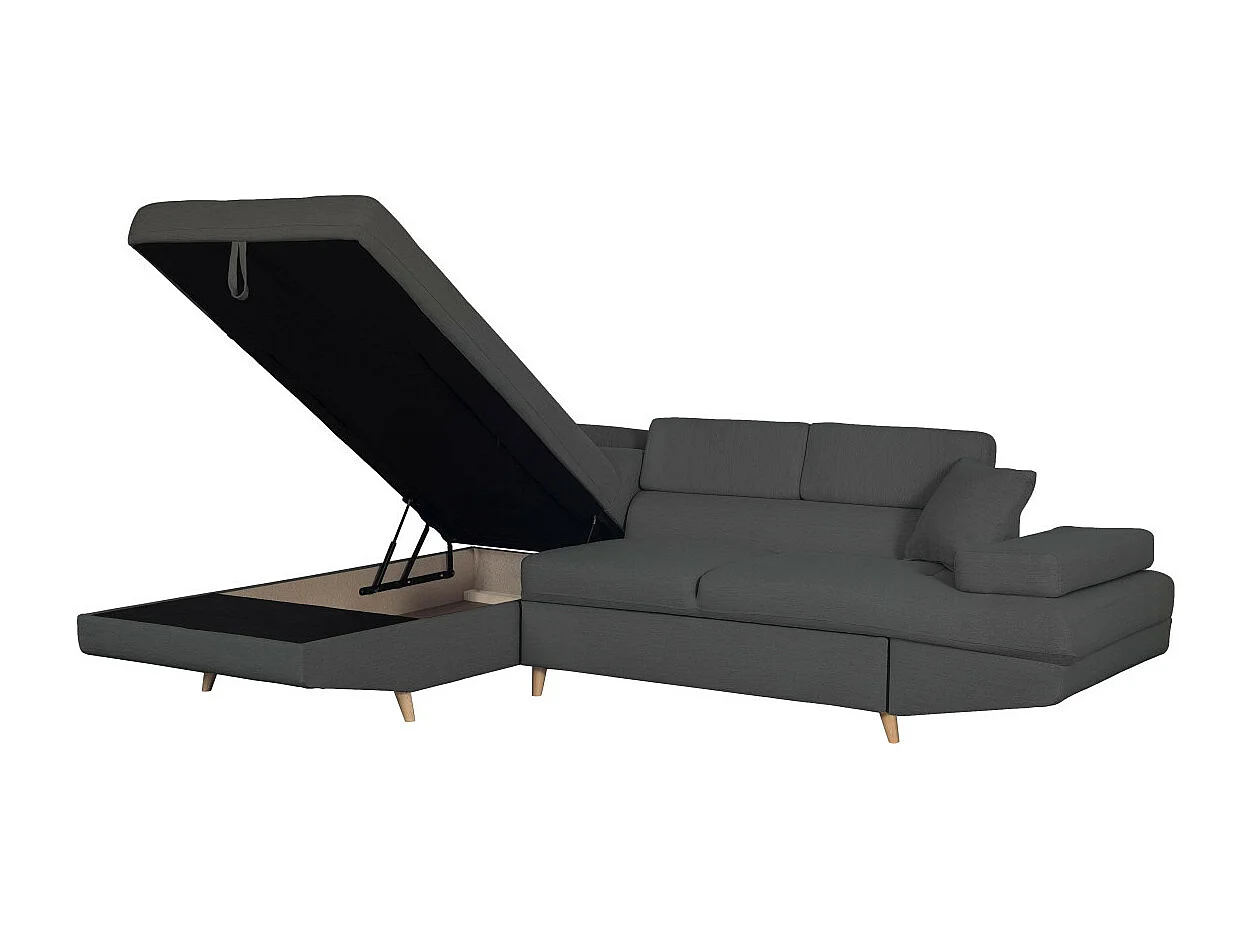 Canapé d'angle gauche convertible Rio Scandinave avec coffre en tissu - Gris anthracite, Pieds bois - L271 x P192 x H70cm - Loungitude