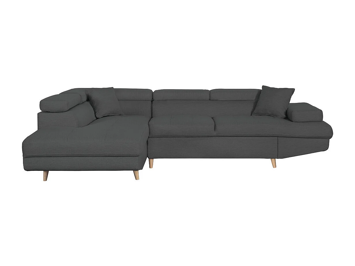 Canapé d'angle gauche convertible Rio Scandinave avec coffre en tissu - Gris anthracite, Pieds bois - L271 x P192 x H70cm - Loungitude