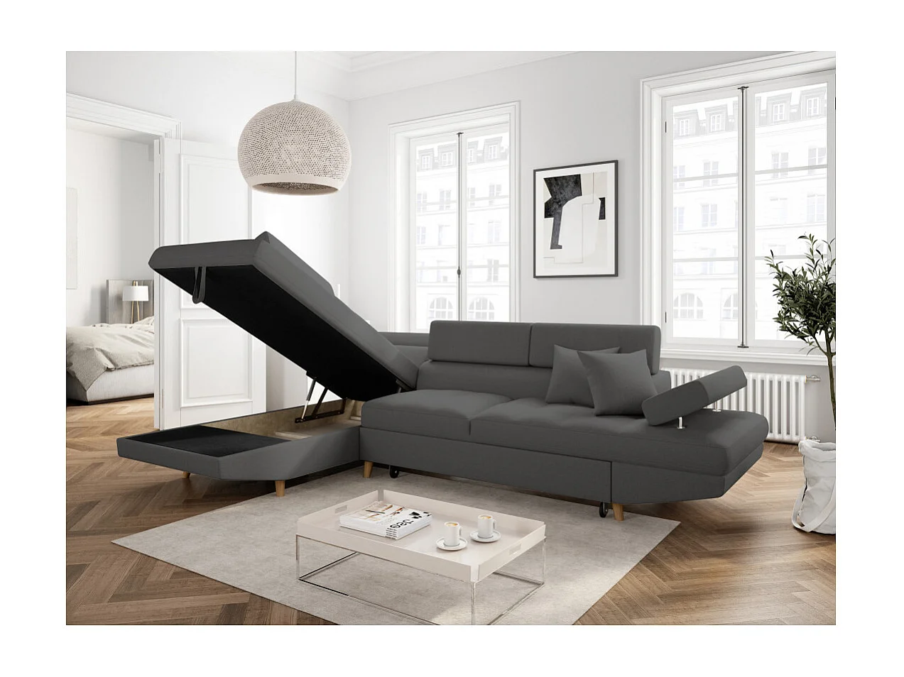 Canapé d'angle gauche convertible Rio Scandinave avec coffre en tissu - Gris anthracite, Pieds bois - L271 x P192 x H70cm - Loungitude