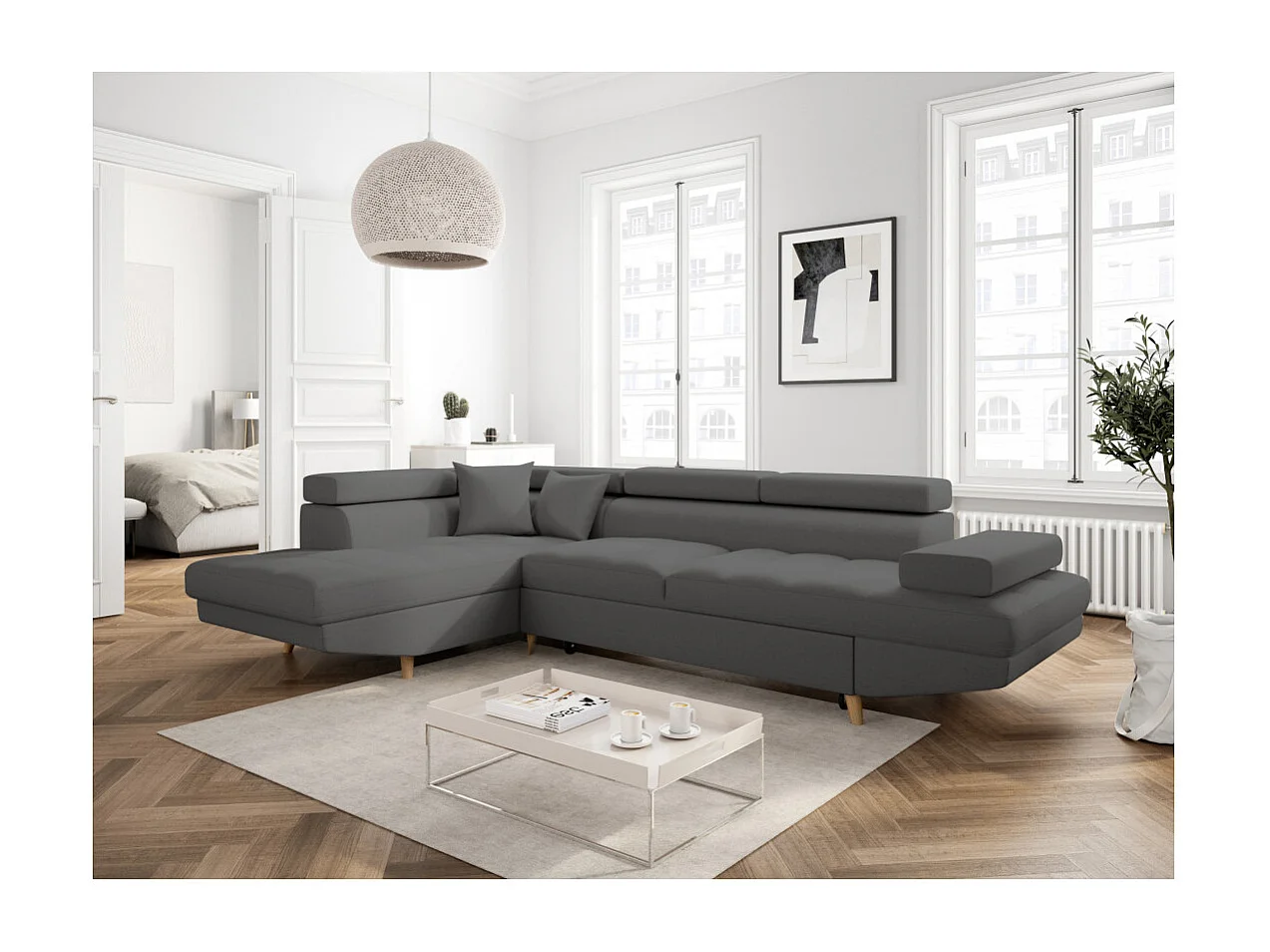 Canapé d'angle gauche convertible Rio Scandinave avec coffre en tissu - Gris anthracite, Pieds bois - L271 x P192 x H70cm - Loungitude