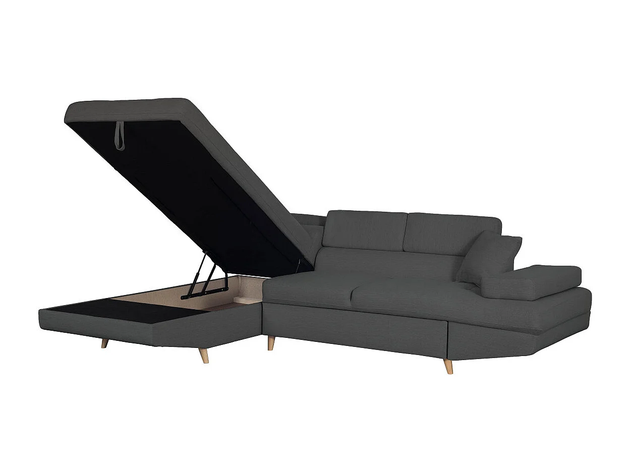 Canapé d'angle gauche convertible Rio Scandinave avec coffre en tissu - Gris anthracite, Pieds bois - L271 x P192 x H70cm - Loungitude