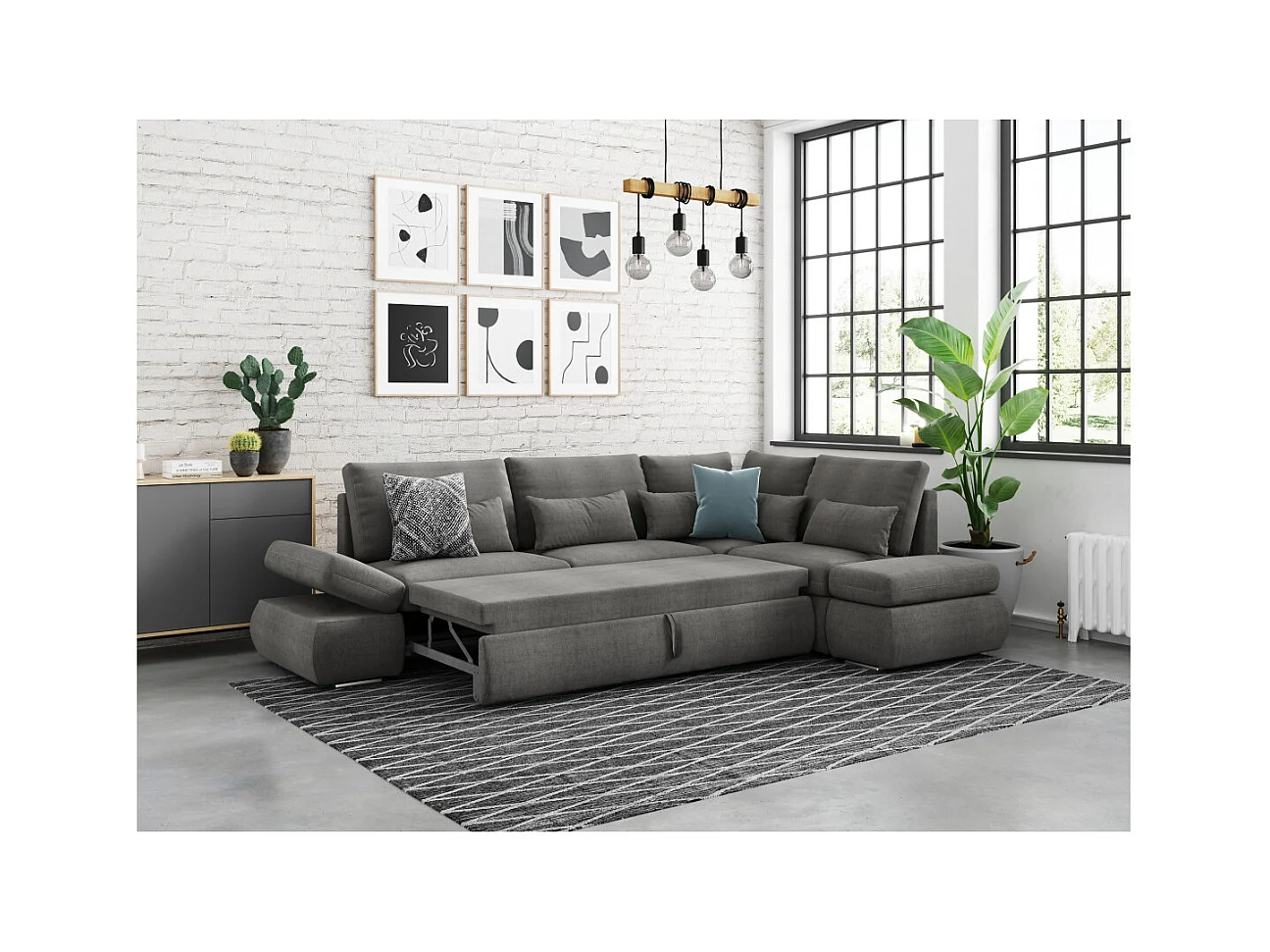 Canapé d'angle Sebastian Réversible et Convertible avec coffre en tissu - Gris - L267 x P200 x H90cm - Loungitude