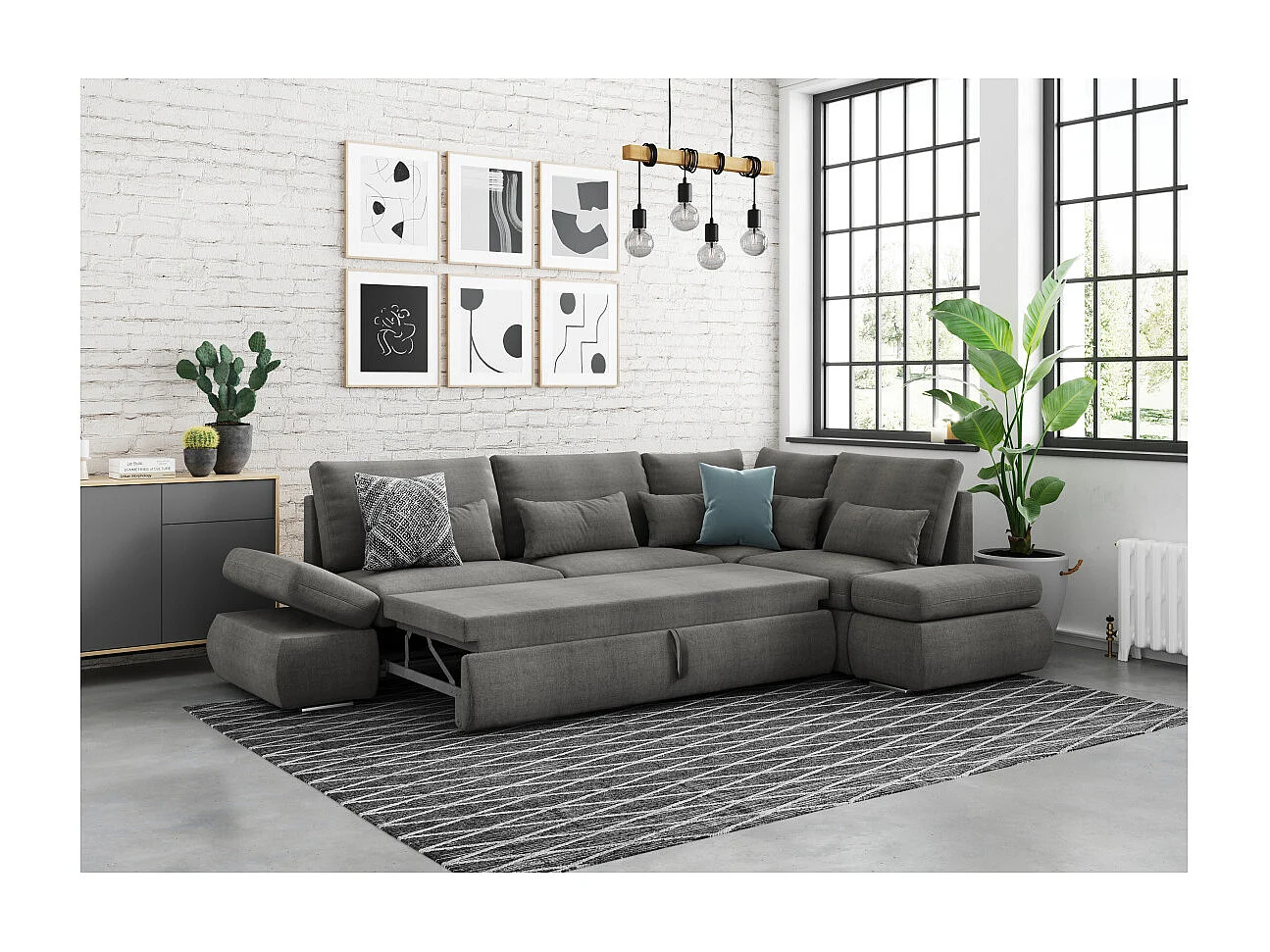 Canapé d'angle Sebastian Réversible et Convertible avec coffre en tissu - Gris - L267 x P200 x H90cm - Loungitude