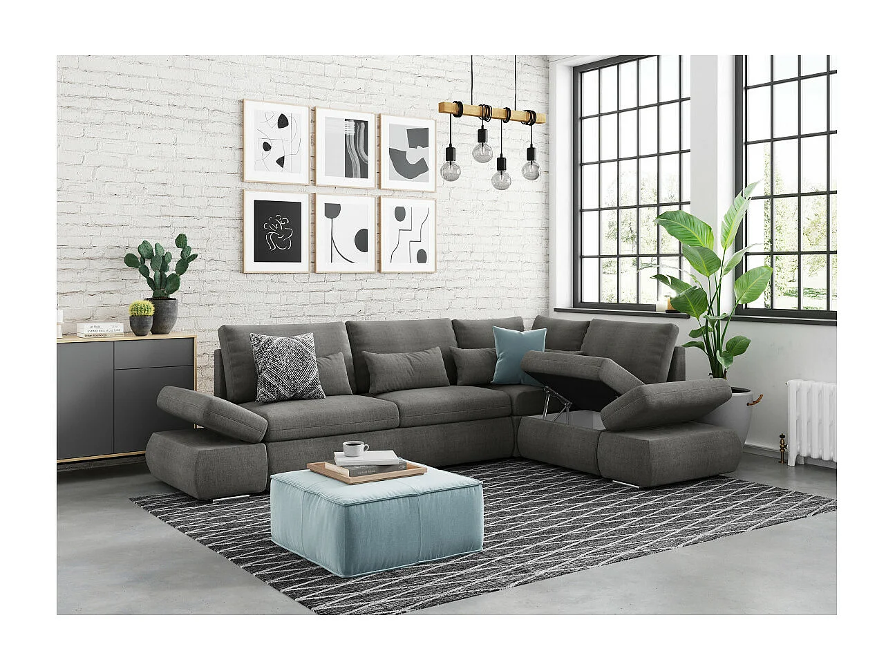 Canapé d'angle Sebastian Réversible et Convertible avec coffre en tissu - Gris - L267 x P200 x H90cm - Loungitude