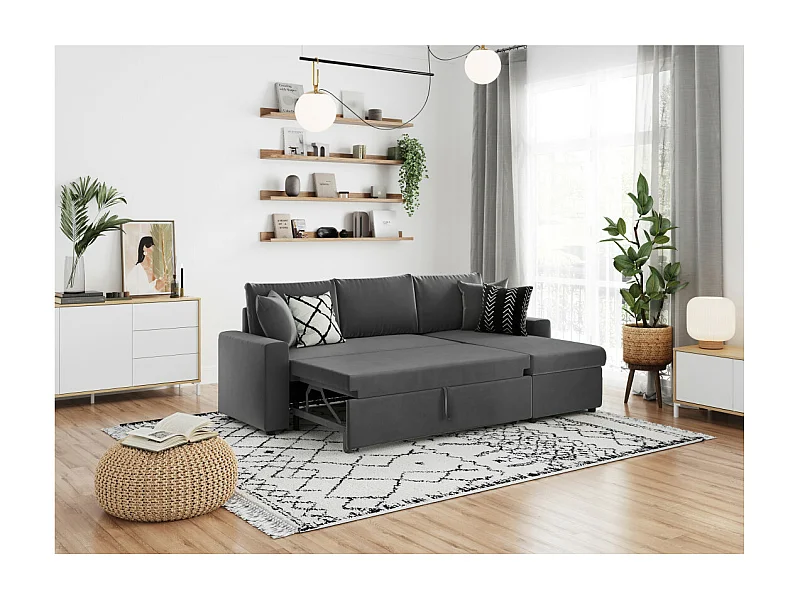 Canapé d'angle 3 places Maria réversible et convertible avec coffre en velours - Gris anthracite - L227 x P146 x H81cm - Loungitude