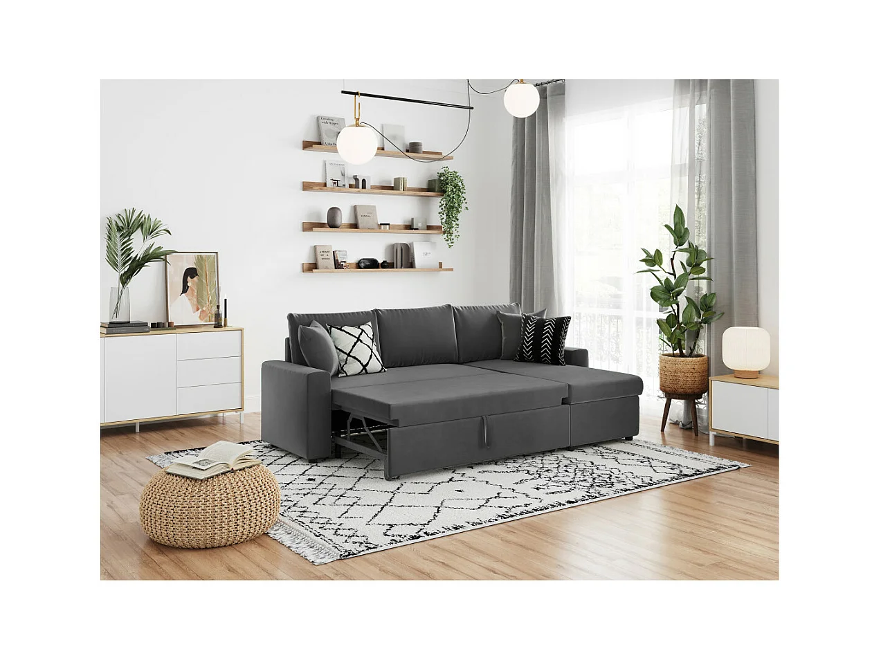 Canapé d'angle 3 places Maria réversible et convertible avec coffre en velours - Gris anthracite - L227 x P146 x H81cm - Loungitude